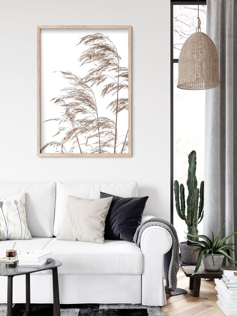 May include: A framed print of a minimalist botanical illustration featuring tall, brown grasses against a white background. The print is displayed on a white wall above a white sofa with pillows and a throw blanket.