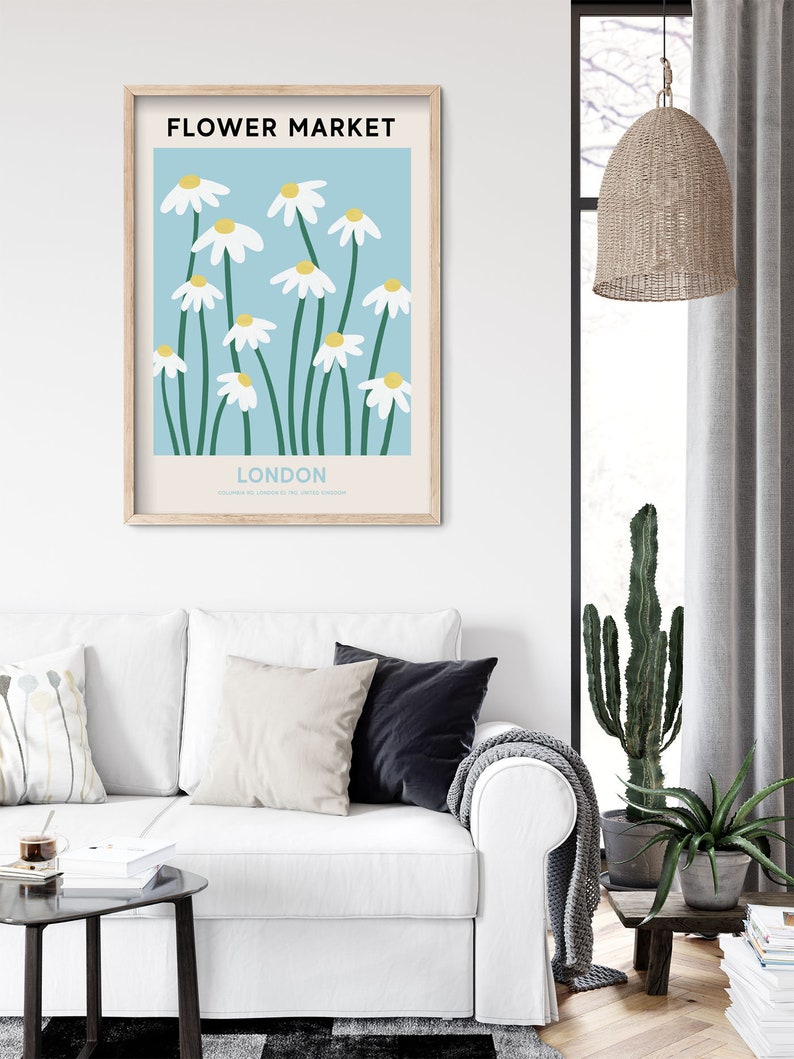 London Flower Market Print, Digital Flower Market Poster, Blue and White Daisy Painting, Gallery Wall Art, Travel Wall Art, Botanical Print zdjęcie 7