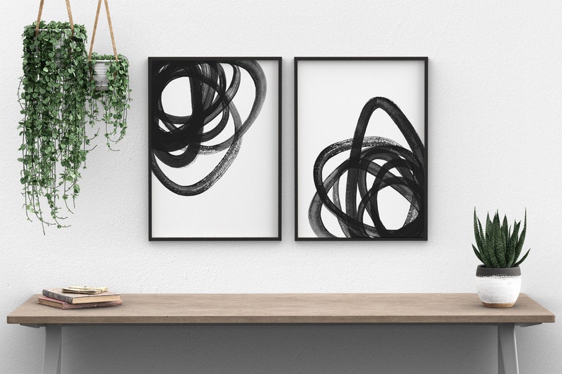 Black and White Abstract Art 2 Piece Wall Art, Scribble Art Set of 2 ...