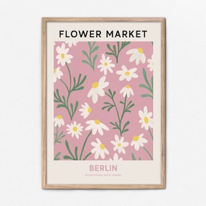 Berlin Flower Market Printable Wall Art, Pink Flower Market Poster, Daisy Wall Art Flower Painting, Berlin Print, Pink Botanical Print image 1