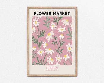 Berlin Flower Market Printable Wall Art, Pink Flower Market Poster, Daisy Wall Art Flower Painting, Berlin Print, Pink Botanical Print