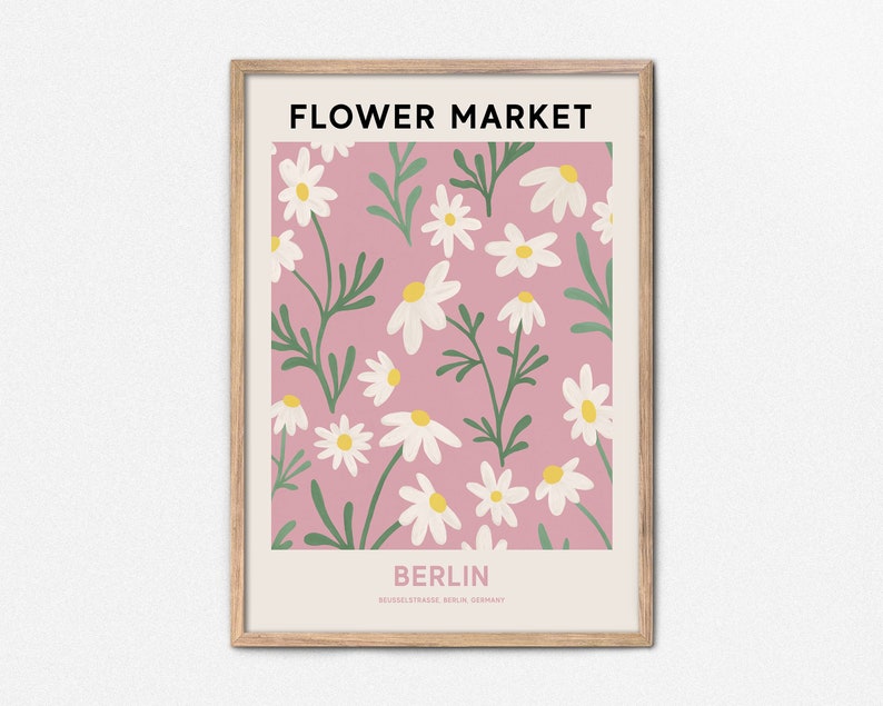 Berlin Flower Market Printable Wall Art, Pink Flower Market Poster, Daisy Wall Art Flower Painting, Berlin Print, Pink Botanical Print image 1