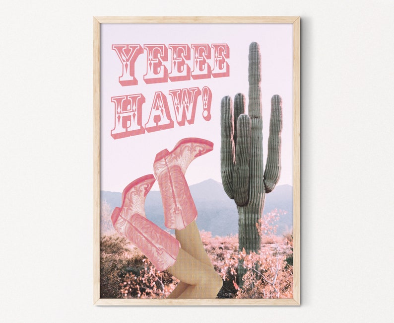 Pinkes Cowgirl ästhetisches Poster, rosa Cowboystiefel Druck, Yeehaw Poster mit Kaktus, Retro rosa Cowgirl Poster digitaler Download Bild 1