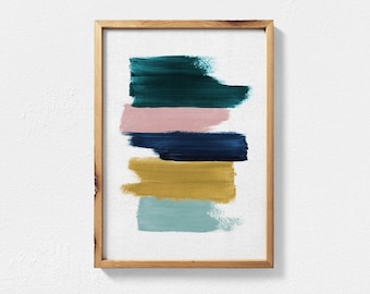 Abstract Painting Featuring Teal, Mustard, Navy Blue and Blush Pink Brush Strokes, Contemporary Printable Wall Art, Teal Decor Abstract Art