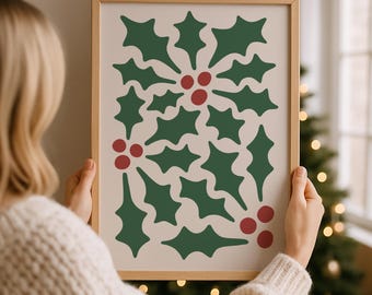 Abstract Holly Christmas Wall Art Printable, Green and Red Botanical Print for Cozy Midcentury Modern Winter Decor