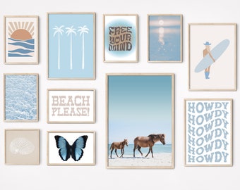 Coastal Cowgirl Aesthetic Set of 10 Prints Blue Wall Art Blue Cowgirl Wall Art Coastal Wall Art Light Blue and Beige Room Decor Surfing Art