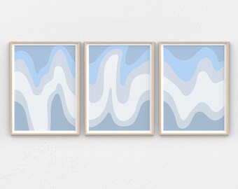 Arte astratta estetica blu chiaro, set di 3 stampe da parete, arte contemporanea, decorazioni pastello danesi, arte stampabile, arte murale extra large