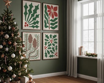 May include: A decorated Christmas tree with a gold star topper, ornaments, and candy canes stands next to wrapped gifts. Four framed botanical prints hang on a dark green wall. A window with sheer curtains and a decorated windowsill are also visible.