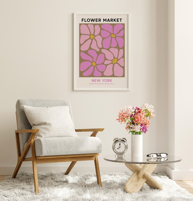 New York Flower Market Printable Wall Art, Pink Flower Market Poster, Abstract Flower Painting, New York Print, Abstract Pink Daisy Art image 3