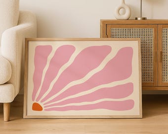 Pastel Pink Retro Sunburst Printable Wall Art, Mid Century Modern Abstract Sunset Poster, Horizontal Digital Download for Boho Decor