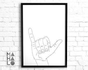Shaka hand printable wall art, hang loose hand gesture, mahalo dude minimalist black and white decor, surf art Instant download surf decor
