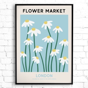 London Flower Market Print, Digital Flower Market Poster, Blue and White Daisy Painting, Gallery Wall Art, Travel Wall Art, Botanical Print zdjęcie 8