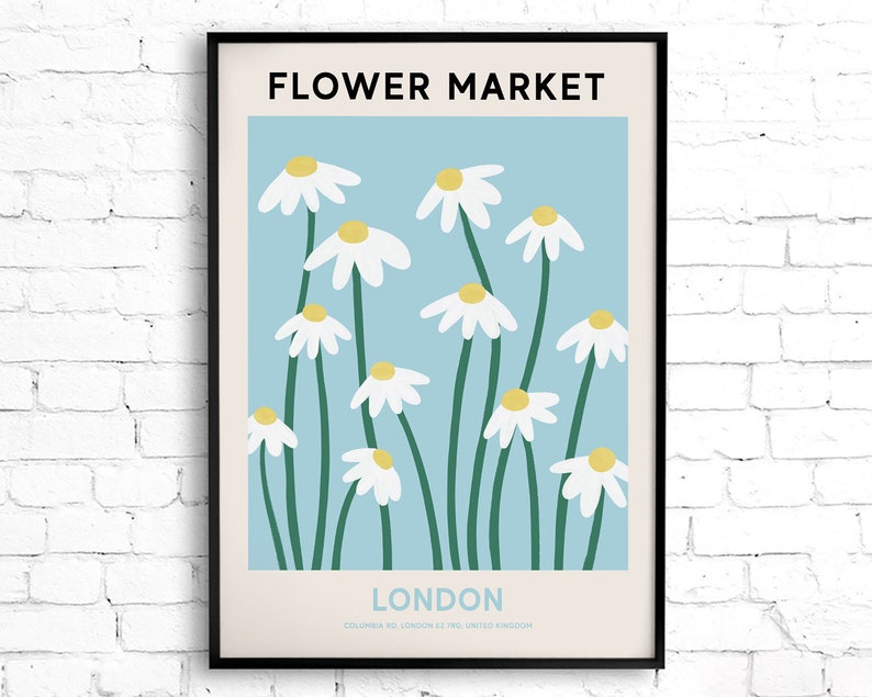London Flower Market Print, Digital Flower Market Poster, Blue and White Daisy Painting, Gallery Wall Art, Travel Wall Art, Botanical Print zdjęcie 8
