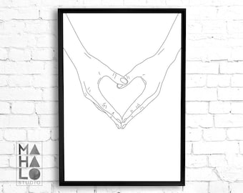 Liefde hart handen lijntekening afdrukbare Wall Art Valentijnsdag geschenk, monochrome kwekerij decor lijntekeningen, liefde handen extra grote muur kunst