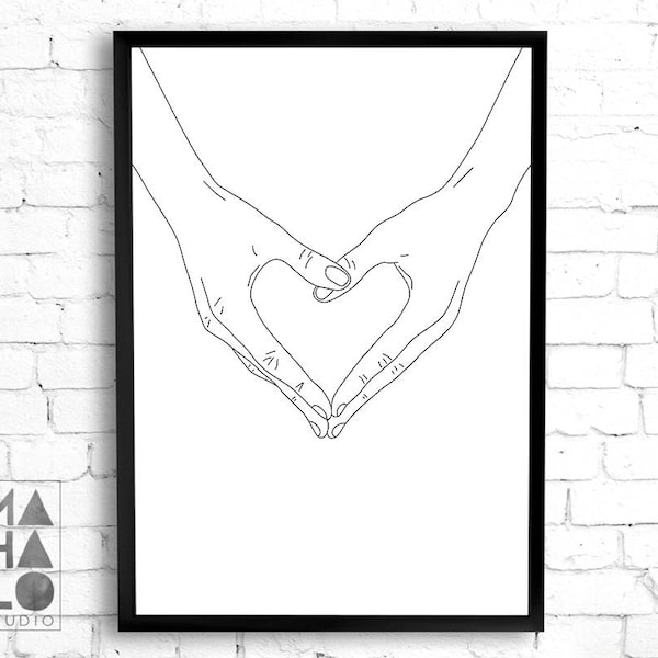 Love Heart Hands Line Drawing Printable Wall Art Valentine's Day Gift, Monochrome Nursery Decor Line Art, Love Hands Extra Large Wall Art