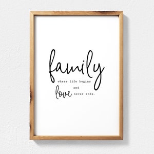 Arte de parede com citação de família, onde a vida começa e o amor nunca acaba, decoração de parede de família, arte de parede para impressão, decoração de sala de estar, arte de parede para sala de estar