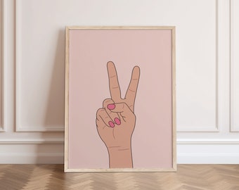 Peace Sign Printable Wall Art, Pink Preppy Room Decor, Cute Peace Fingers Print, Cute Peace Sign Wall Art, Preppy Wall Art