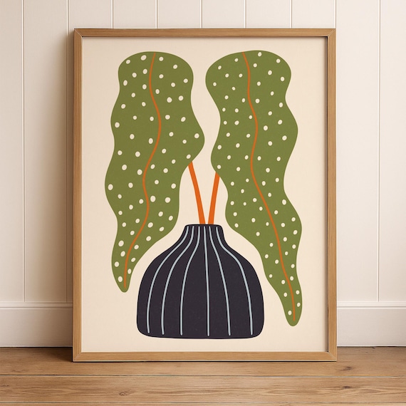 Modern Green Leaf Wall Art– Mid Century Abstract Botanical Print