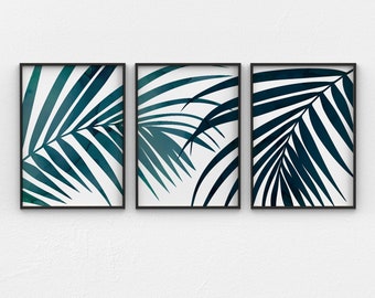 Palm Leaf Minimalist Coastal Decor, Printable Wall Art Set of 3 Prints, Beach Triptych, Teal and Navy Blue Beach Decor 3 Piece Wall Art