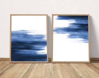 Navy Blue Wall Art Set of 2 Prints, Coastal Decor Printable Wall Art, Abstract Extra Large Wall Art, Navy Minimalist Art, Contemporary Art