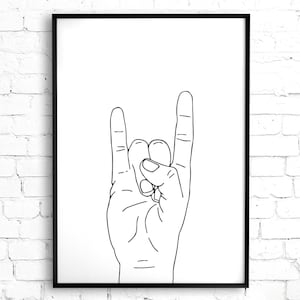 Rock On Hand Gesture Printable Wall Art, Devil Horns Hand Sign Minimalist Black and White Decor, Rock and Roll Art, Heavy Metal Fan Art