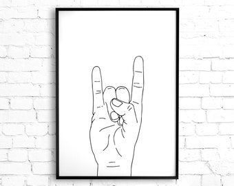 Rock On Hand Gesture Printable Wall Art, Devil Horns Hand Sign Minimalist Black and White Decor, Rock and Roll Art, Heavy Metal Fan Art