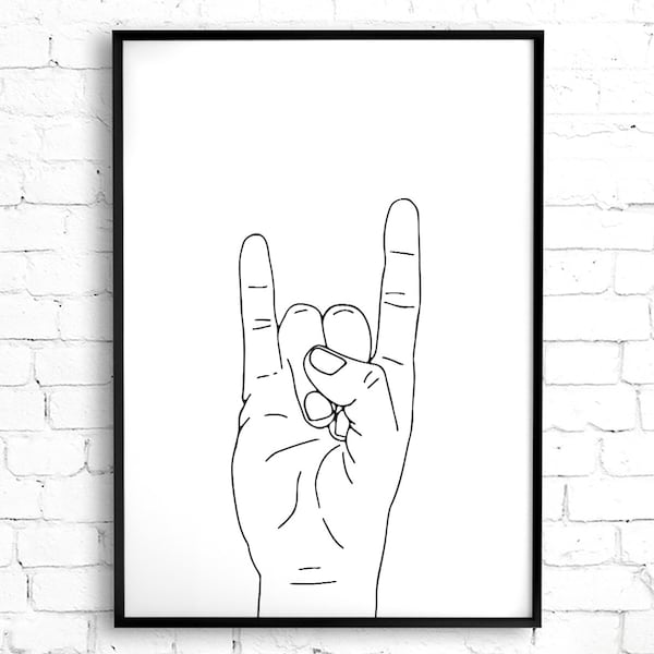 Rock On Hand Gesture Printable Wall Art, Devil Horns Hand Sign Minimalist Black and White Decor, Rock and Roll Art, Heavy Metal Fan Art