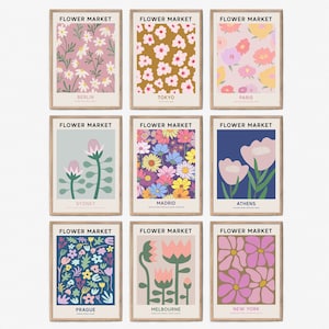 Flower Market Print Gallery Wall Set of 9 Printable Wall Art, Botanical Wall Decor, Flower Market Set, Berlin, Sydney, Paris Flower Market