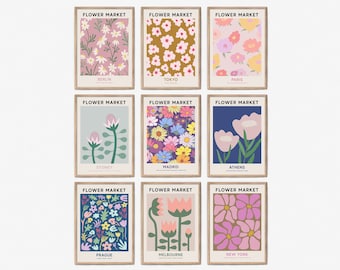 Flower Market Print Gallery Wall Set of 9 Printable Wall Art, Botanical Wall Decor, Flower Market Set, Berlin, Sydney, Paris Flower Market