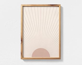 Arte della parete stampabile Boho Sunburst, Arte moderna astratta della metà del secolo, Stampa geometrica rosa dell'alba, Boho Estetica Wall Art Sun Burst