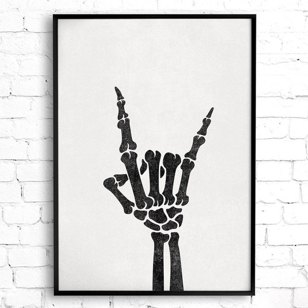 Squelette à la main Printable Wall Art Devils Horns Hand Gesture Skeleton Print Gothic Home Decor Fun Wall Art Rock and Roll Wall Art