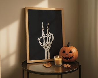 Skeleton Peace Sign Halloween Wall Art Printable, Spooky Bones Poster with Peace Fingers for Gothic Halloween Decor