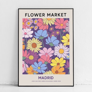 Madrid Flower Market Print, Vintage Flower Market Madrid Poster, Daisy Printable Wall Art, Colorful Flower Wall Art Decor