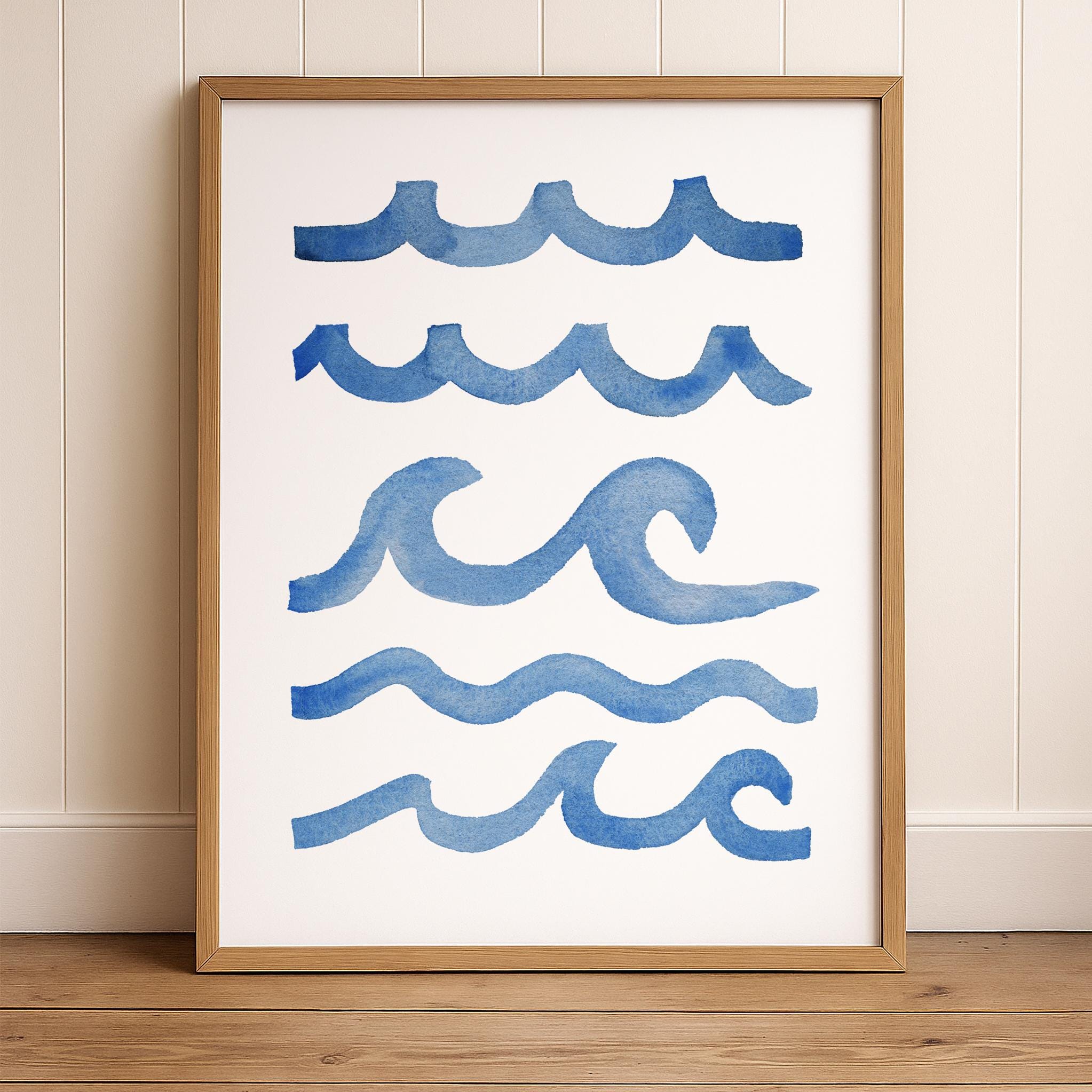 Blue Ocean Wave Wall Art Print, Coastal Minimalist Watercolor Poster ...