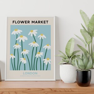 London Flower Market Print, Digital Flower Market Poster, Blue and White Daisy Painting, Gallery Wall Art, Travel Wall Art, Botanical Print zdjęcie 6