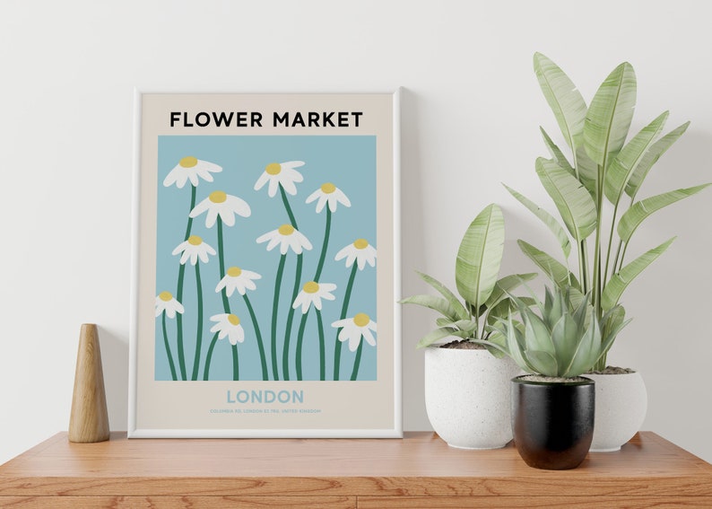 London Flower Market Print, Digital Flower Market Poster, Blue and White Daisy Painting, Gallery Wall Art, Travel Wall Art, Botanical Print zdjęcie 6