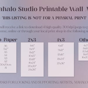 May include: Printable wall art listing from Mahalo Studio. The image displays size options for printing, including Iso Paper, 2x3, 4x3, and Other sizes, such as 4x6 inches, 8x10 inches, and 11x14 inches. The text states this is not a physical print.