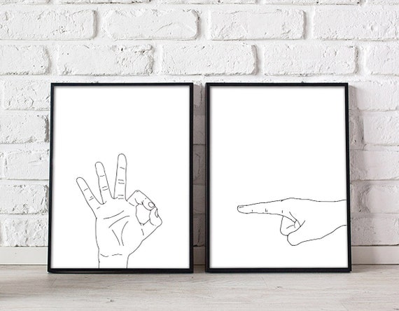Immature hand gestures wall art, sexy wall art above bed art prints set of 2 prints large printable wall art bedroom decor cheeky sex print