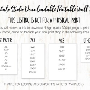 May include: A printable wall art listing with a white background and black text. The text states that this listing is not for a physical print. It also lists the different sizes available for download, including ISO paper sizes, 2x3, 4x3, and other sizes.