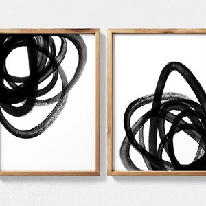 Black and White Abstract Art 2 Piece Wall Art, Scribble Art Set of 2 Abstract Painting, Minimalist Art, Extra Large Printable Wall Art