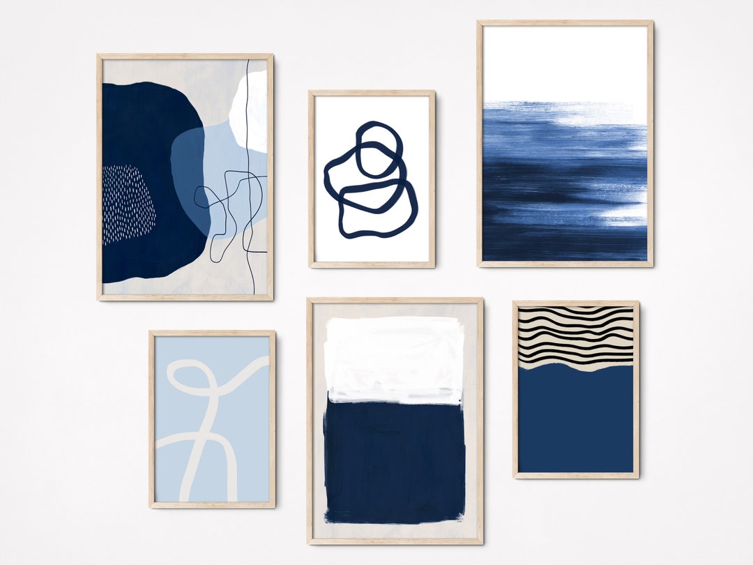 Blue Abstract Art Gallery Wall Printable Set of 6 Wall Art Bundle, Navy