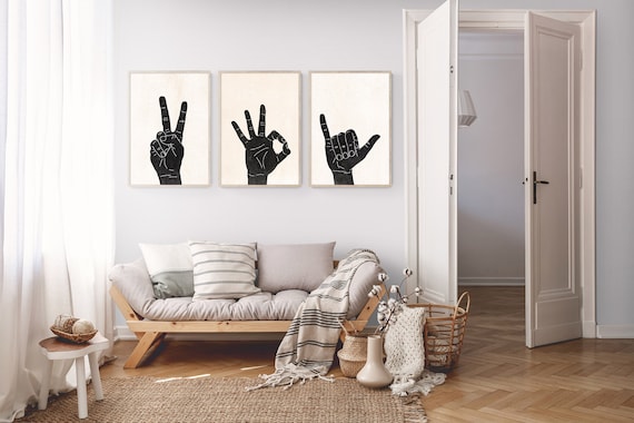 Peace Sign, OK Hand Signal, Shaka Hand Set of 3 Printable Wall Art