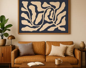 Beige and Navy Blue Abstract Artwork Botanical Midcentury Modern Printable Wall Art