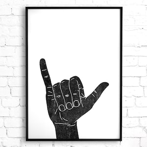 Shaka hand printable wall art, hang loose hand gesture, mahalo dude Hawaiian Surf Art, woodblock print, surf art Instant download surf decor