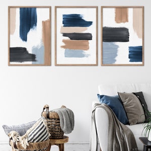 Abstract Wall Art Set of 3 Blue and Neutral Tones Abstract Art 3 Piece ...