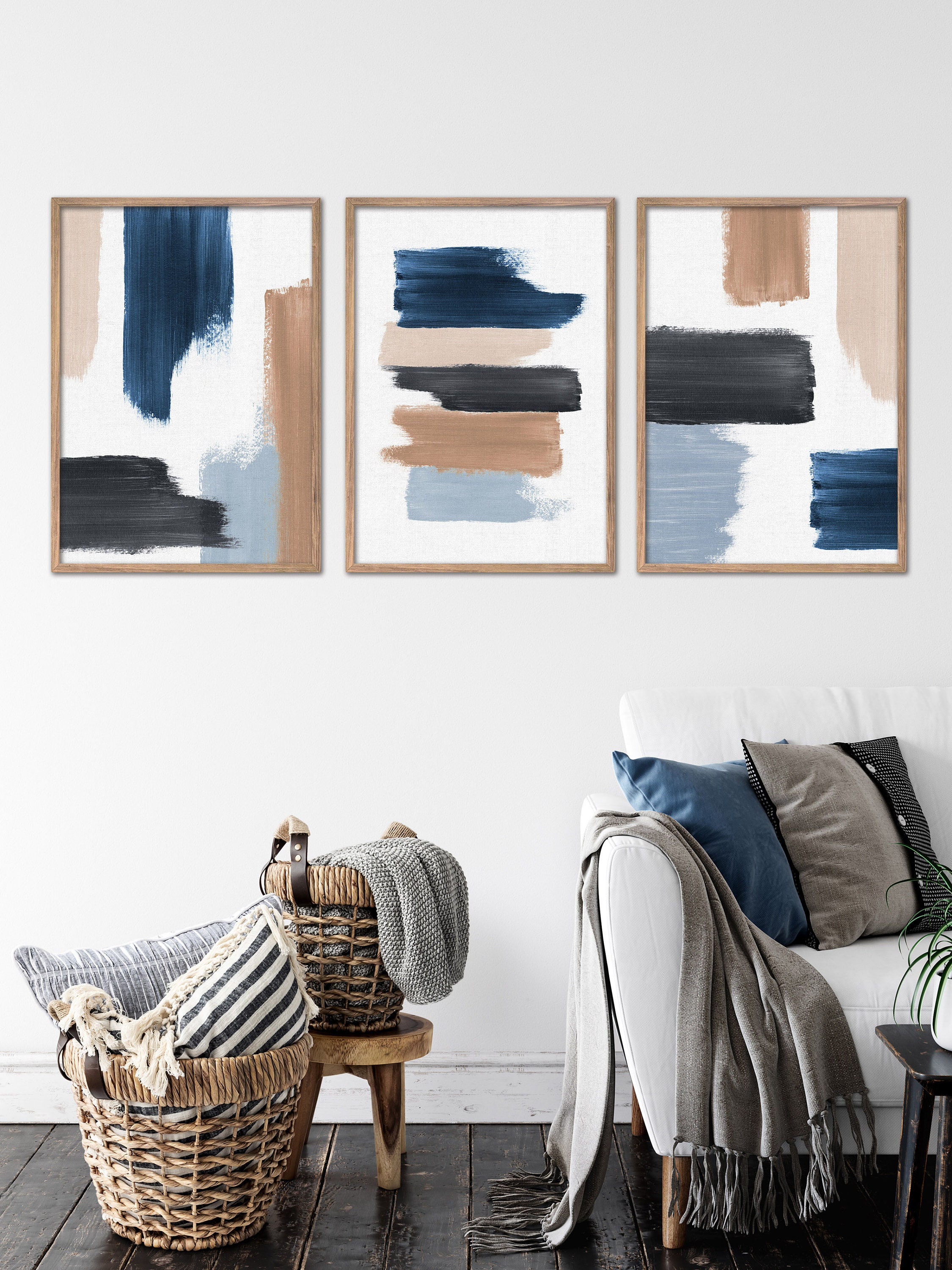 Abstract Wall Art Set of 3 Blue and Neutral Tones Abstract Art 3 Piece ...