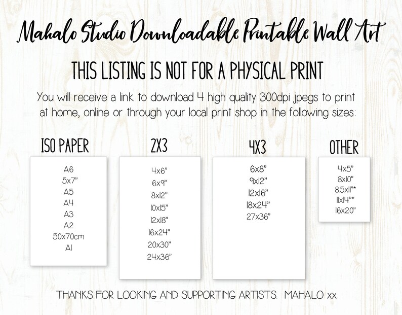 K&ouml;nnte beinhalten: Ein wei&szlig;er Textkasten mit dem Titel "Mahalo Studio Downloadable Printable Wall Art" und dem Text "THIS LISTING IS NOT FOR A PHYSICAL PRINT". Unter dem Titel befindet sich ein Textkasten mit dem Text "You will receive a link to download 4 high quality 300dpi jpegs to print at home, online or through your local print shop in the following sizes:". Unter dem Textkasten befinden sich vier Spalten mit den &Uuml;berschriften "ISO PAPER", "2X3", "4X3" und "OTHER". Jede Spalte listet verschiedene Gr&ouml;&szlig;en von druckbarem Kunst in Zoll und Zentimetern auf.