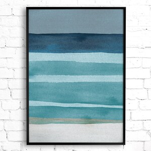 May include: Abstract watercolor painting in shades of blue and gray, depicting a seascape with horizontal stripes representing waves and a sandy beach at the bottom.