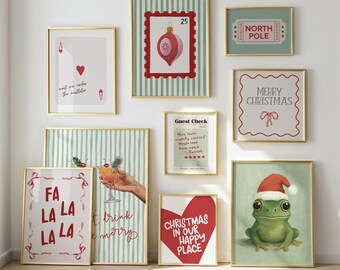 Aesthetic Christmas Gallery Wall Set of 9 Fun Holiday Printable Art, Whimsical Festive Decor with Frog, Cocktail Art And North Pole Ticket