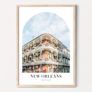 Póster de viaje de Nueva Orleans: arte mural del Barrio Francés, impresión de balcón de Nueva Orleans, fotografía de arquitectura vintage, arte imprimible de Nueva Orleans.